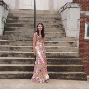 Elegant Gold and Pink Floral Prom Dress